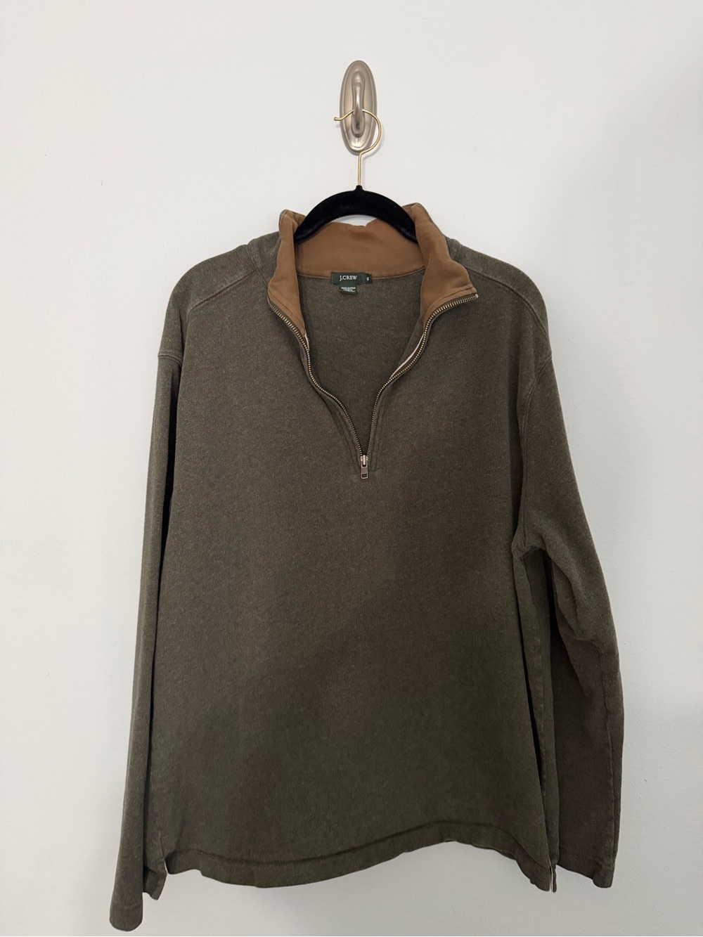 J. Crew Men's Olive Green Half-Zip Pullover with Tan Collar, XL